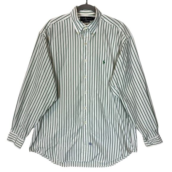 Ralph Lauren Oxford Shirt Mens Large Green White Striped Custom Fit Button-Down - Picture 1 of 13